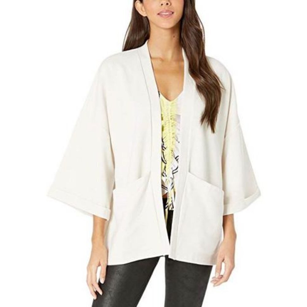Cupcakes & Cashmere 3/4 Wide Sleeve Open Front Cardigan Ivory Double Pockets XS